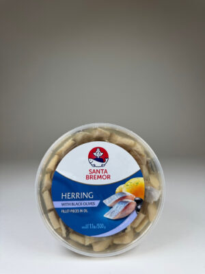 SANTA BREMOR.HERRING FILLETSELEDOCHKA K KARTOSHKE ‘’BLACK OLIVES’’ 500G